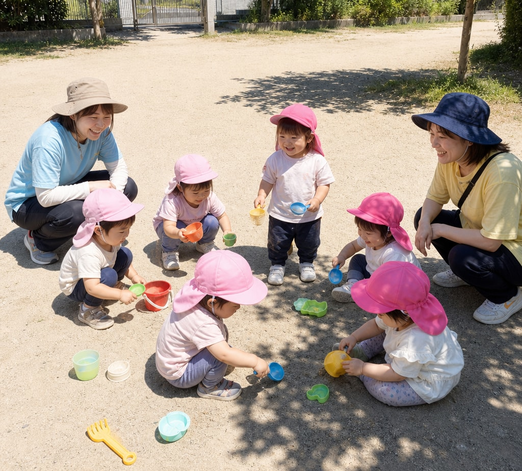 保育園で遊ぶ子どもたちと保育士