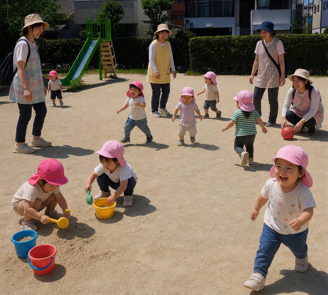 保育園で遊ぶ子どもたちと保育士